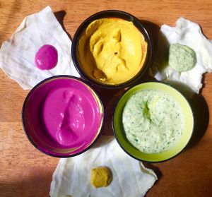 Homemade tahini sauces with various vegetable flavours. at Sweet Heart Vegan Food in Yerevan