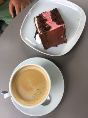 Coffee and vegan chocolate-strawberry-cake  at Café Mia in Lemgo