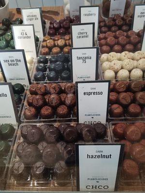 Row of vegan plantilicious truffles at Chocolate Company Cafe - Oude Binnenweg in Rotterdam