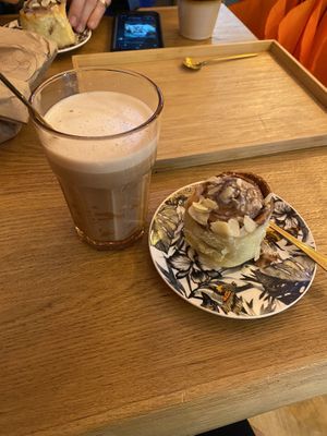 Hot chocolate and cinnamon bun. Also got a cookie to take away which was really nice  at My Mom's in Salzburg
