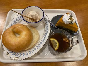Bagel and vegan yogurt, tea  at Cafe Soon Soon in Seongmodo Island