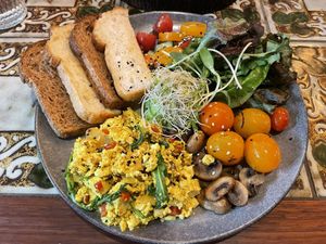 Breakfast scramble, 300 baht (plus 10% service charge, plus 7% VAT)  at Earth House Restaurant And Wine Bar in Bangkok