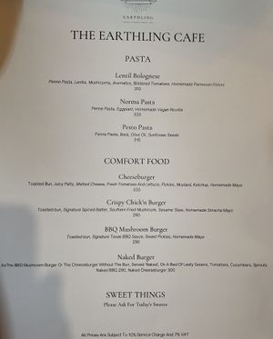 The pasta and comfort food page of the menu  at Earth House Restaurant And Wine Bar in Bangkok