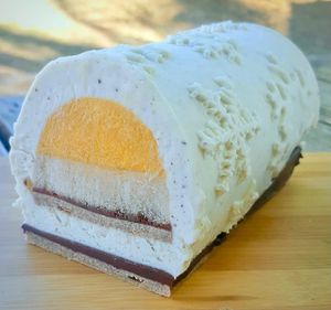 Raw, Vegan, gluten free, sugar free
CHRISTMAS ICED YULE LOG mango & letchis insert with vanilla cream at Graines de Folie & Co in Saint-denis
