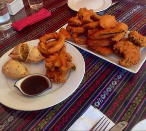Tibetan Kitchen Vegan Samosas, Pakoras, and Onion Rings at Tibetan Kitchen Cafe in Victoria