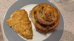 Vegan savoury scone and pesto scroll at The Hidden Gem Treat Shop & Cafe in Victoria