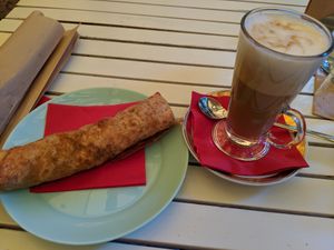banitsa and decaf soy latte at Sunmoon - Alabin in Sofia