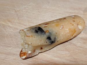 marzipan roll (almond paste with cried fruit and nuts) at Sunmoon - Alabin in Sofia