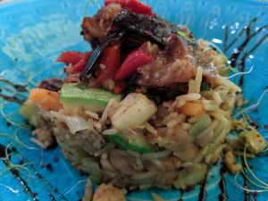 rice stack with roasted vegetables at Sunmoon - Alabin in Sofia