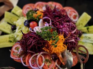 colorful plate with vegetables and olives at Ethno Tavern in Pashina Vodenica