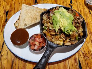 Vegan breakfast skillet with sourdough at Amsterdam Restaurant in Kamloops
