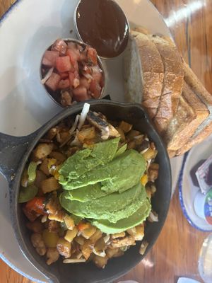 Vegan Tempeh Skillet with sourdough bread and curry-ketchupp  at Amsterdam Restaurant in Kamloops
