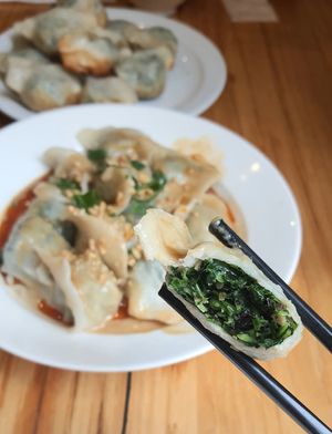 Vegan Jiaozi with chili oil and peanut sesame butter sauce - inside at Shanghai Street - 小籠館 in Melbourne