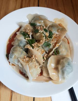 Vegan Jiaozi with chili oil and peanut sesame butter sauce at Shanghai Street - 小籠館 in Melbourne