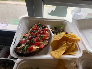 El Verde, Blanco y Rojo (Caprese Toast) at Casita Vegana SF in San Francisco