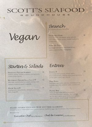 Vegan Menu for March 2024  at Scott's Seafood Roundhouse in Folsom