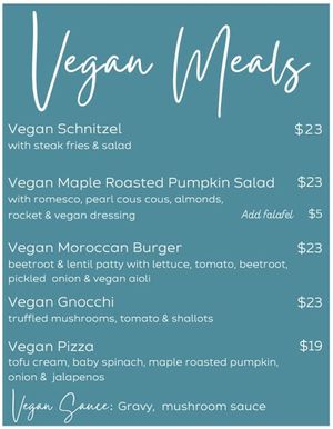 Vegan portion of the menu  at Taylor's Bistro in Soldiers Point