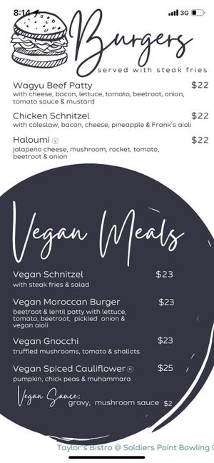 Menu  at Taylor's Bistro in Soldiers Point