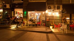 The restaurant lit up at night. at La Taqueria in Belgrade