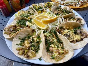 Vegan taco plate with vegan cheese at La Taqueria in Belgrade