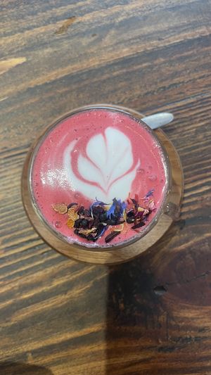 Rose latte with almond milk  at Milenaria Café in Lima