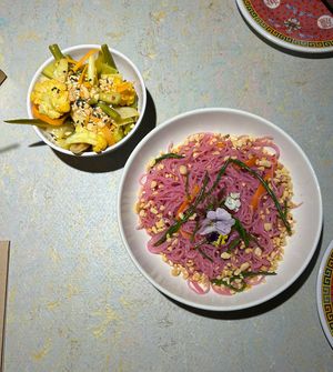 pickles, pink kerabu noodle saladd  at Ga Ga Kitchen + Bar in Glasgow