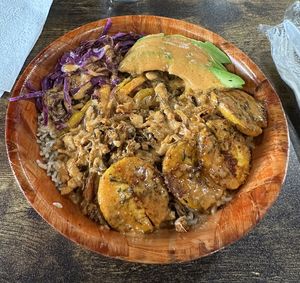 Island Glow Bowl with jerk jack fruit and bacon plantains   at Royal Health World Retail & Cafe in Atlanta
