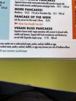 vegan pancakes on menu   at Snooze in San Diego