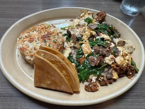 Tofu Scramble w/Spinach, Mushrooms, Plant-Based Chorizo and Corn Tortillas at Snooze in San Diego