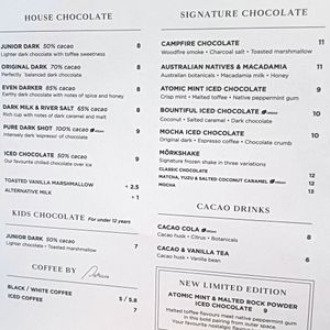 Drinks menu at Mörk Chocolate in Melbourne