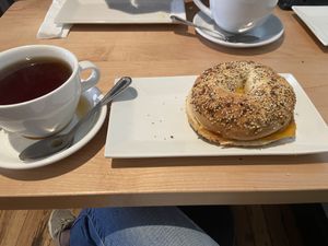 Vegan bagel sandwich, just egg & beyond sausage, vegan cheddar   at Prince Street Cafe in Lancaster