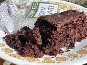 Certified Gluten Free Vegan Brownie from Amaranth Bakery.

Ingredients:
Cannelini beans, chickpeas, AGFB flour blend (brown rice, white rice, tapioca, potato, xanthan gum… more)  at Prince Street Cafe in Lancaster