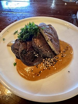 Portobello steaks with peanut sauce (I could drink a liter of that sauce!)  at Ocean's Isla in Isla Mujeres