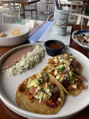Vegan chorizo tacos  at Ocean's Isla in Isla Mujeres