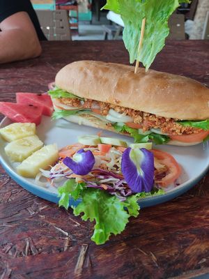 Baguette with vegan cheese at Shambhala in Koh Phayam