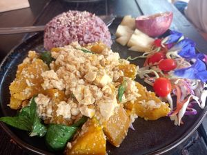 Stir fried pumpkin with tofu vegan at Shambhala in Koh Phayam