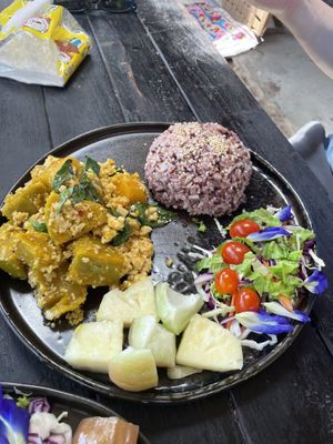 Stir fried pumpkin with tofu & Thai basil (tastes like scrambled egg)  at Shambhala in Koh Phayam
