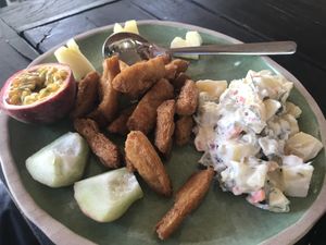 Fried protein (taste like chicken) with coconut kefir potato salad  at Shambhala in Koh Phayam