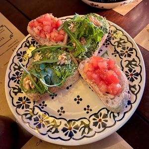 walnut pesto bruschetta & tomato bruschetta  at Trattoria Sempre in Zurich