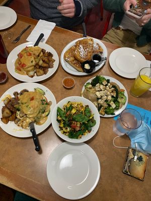 Both Benedict’s, the bundle, French toast and fu scrambowl!  at Paradox Cafe in Portland