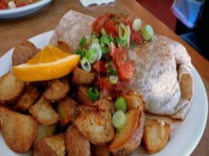 vegan fiesta burrito: a blend of seasoned vegetables, tofu, house chili wrapped in a wheat tortilla topped with salsa and green onions at Paradox Cafe in Portland