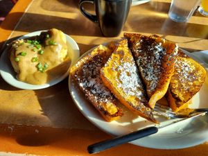 French toast with 1/2 portion of biscuits and gravy at Paradox Cafe in Portland