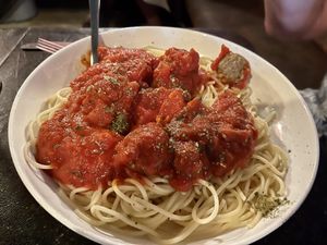 Meatless meatballs over spaghetti   at Corleone's Trattoria in Savannah