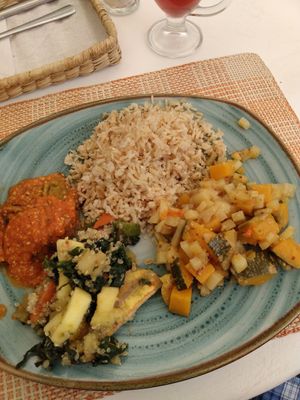 Eggplant with tomato sauce, whole grain rice, cubed squash with hot spices and mixed veggies at Dicha Chibcha in Villa De Leyva
