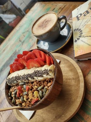 Seasonal acai bowl with strawberries. at Açaï & You - Rue Dauphine in Paris