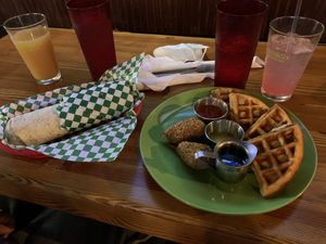 Breakfast burrito, Chicken and waffles  at SportsBox in Portland