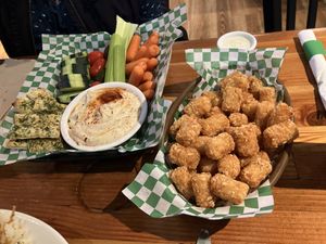 Hummus Platter and “side” of Tots.  at SportsBox in Portland