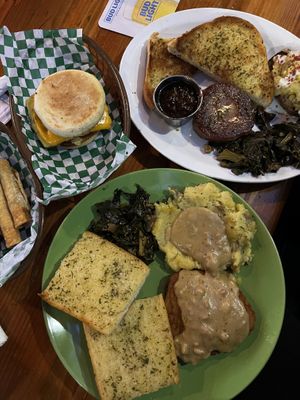 vegan breakfast sandwhich, chicken friend steak, and their monthly special of a mushroom steak   at SportsBox in Portland