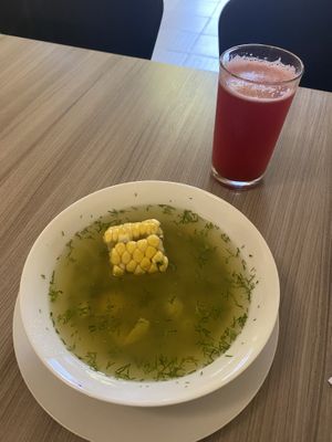Menu del dia including soup and juice  at Marvelous Vegan Plant Power Food in Bogota