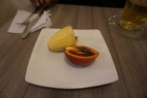 They had us try the local fruits that we picked for our fresh juices- tomate de arbol (orange/red) and curuba (yellow)  at Marvelous Vegan Plant Power Food in Bogota